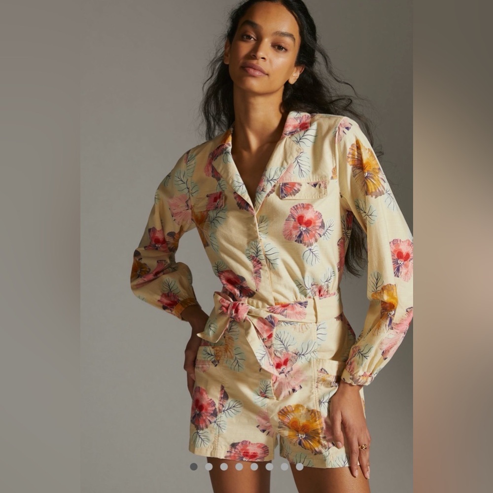 Cecilia Pettersson Anthropologie Floral Button Down Romper Sz Med Long Sleeve